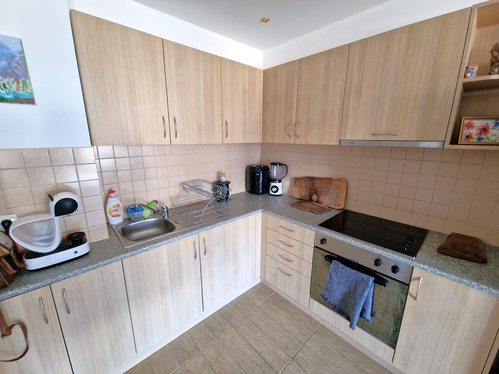 A modern, cozy two bedroom apartment with new furniture and a frontal view of the Pirin Mountains
