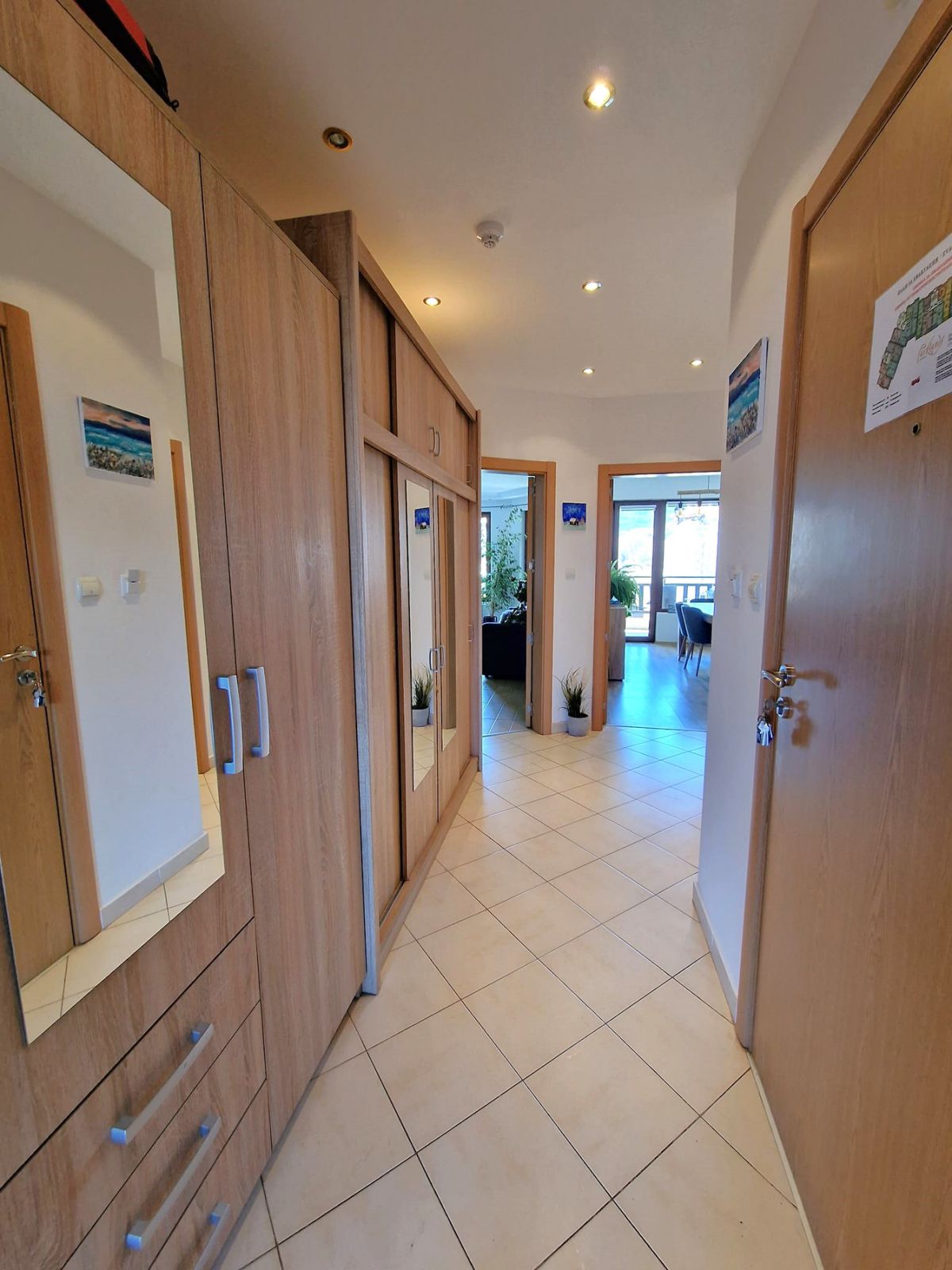 A modern, cozy two bedroom apartment with new furniture and a frontal view of the Pirin Mountains