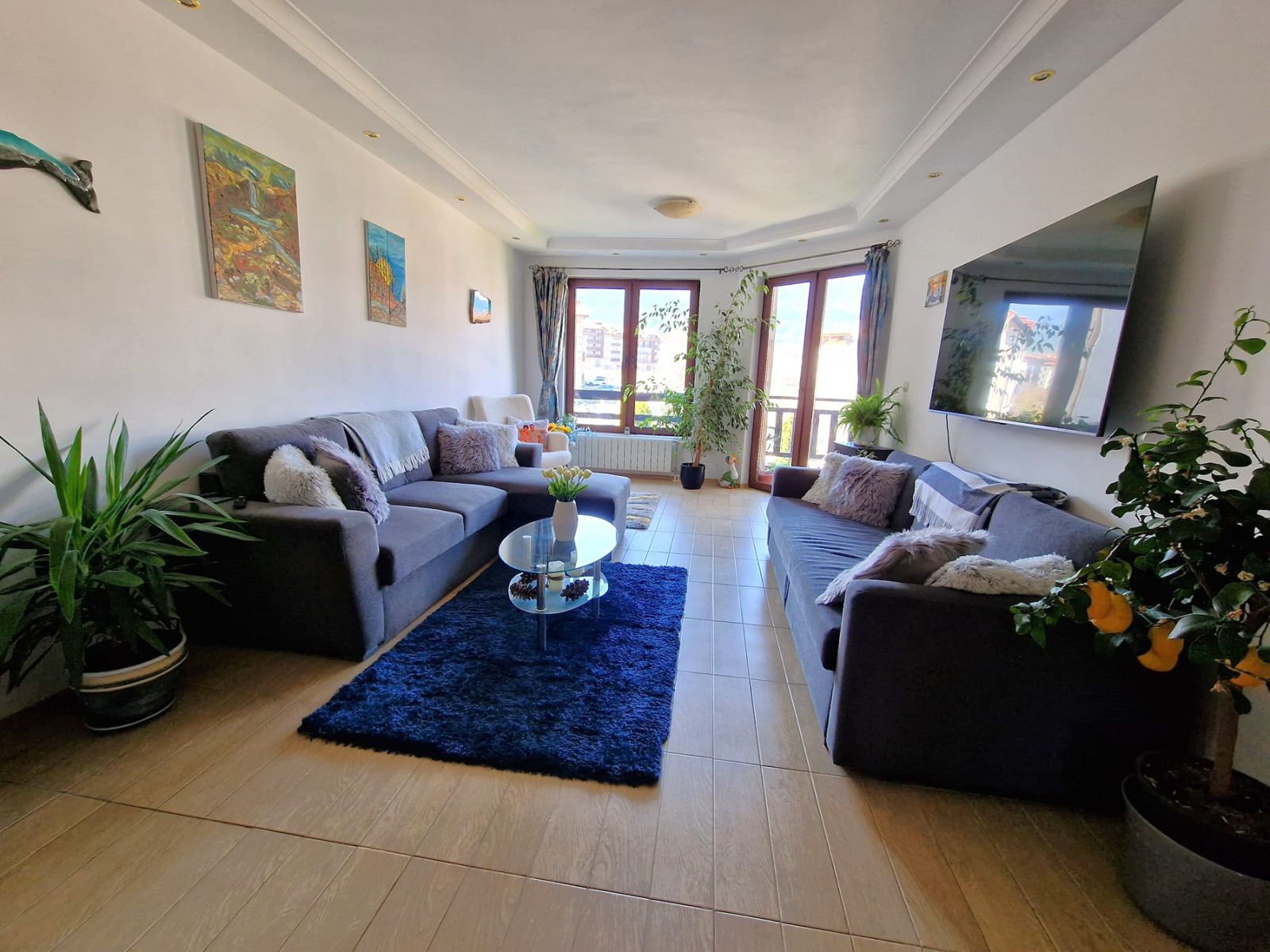 A modern, cozy two bedroom apartment with new furniture and a frontal view of the Pirin Mountains