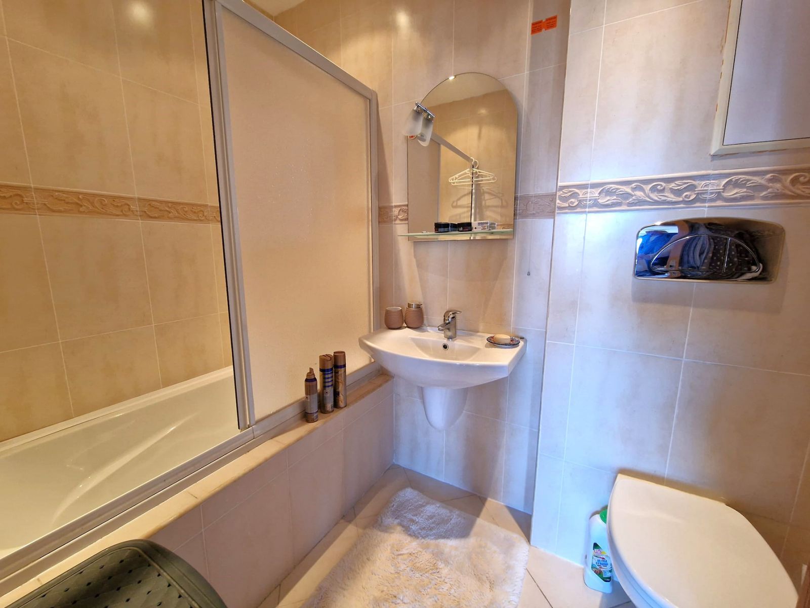 A modern, cozy two bedroom apartment with new furniture and a frontal view of the Pirin Mountains